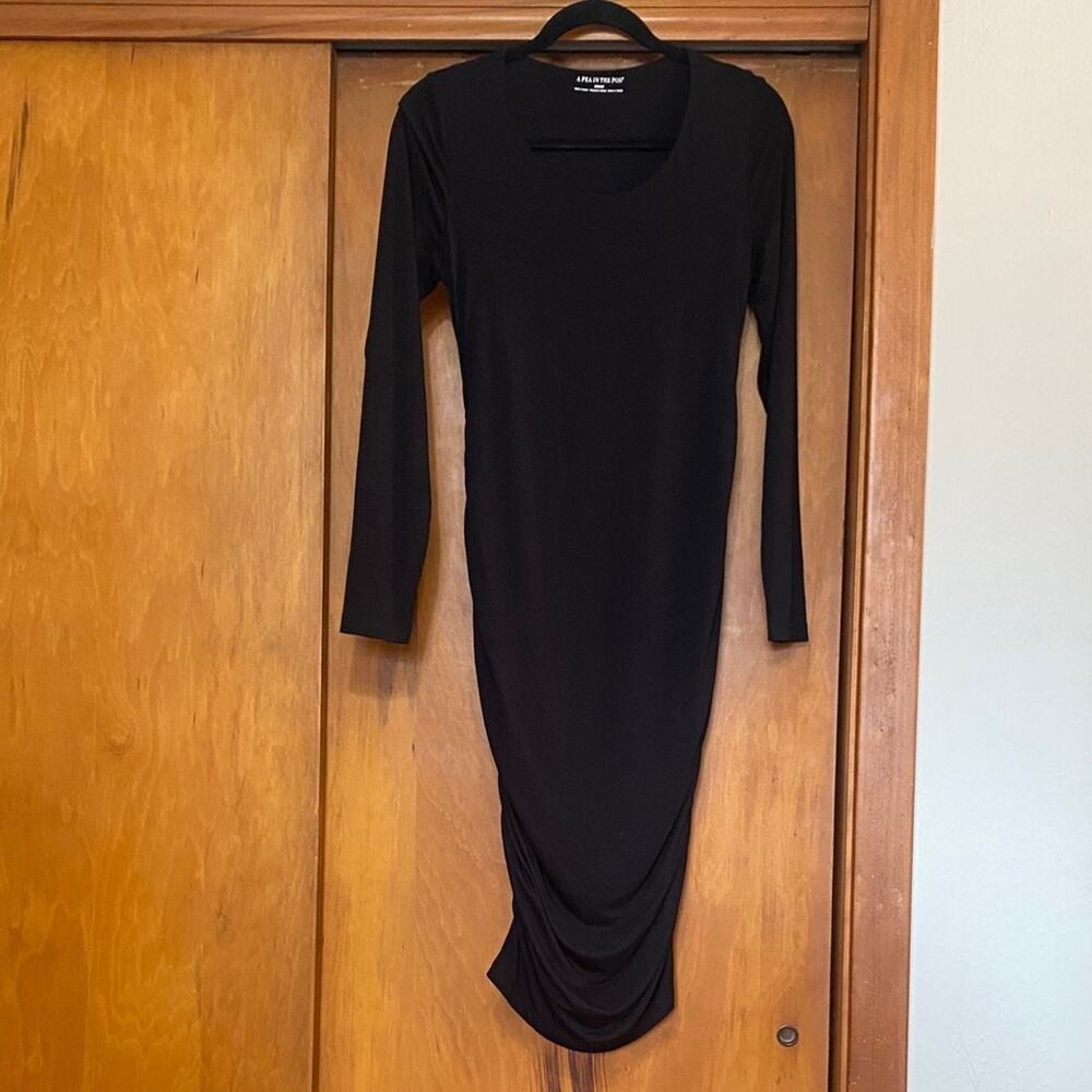 A Pea in the Pod Black Midi Dress Maternity Expecting Baby Comfort Minimalist